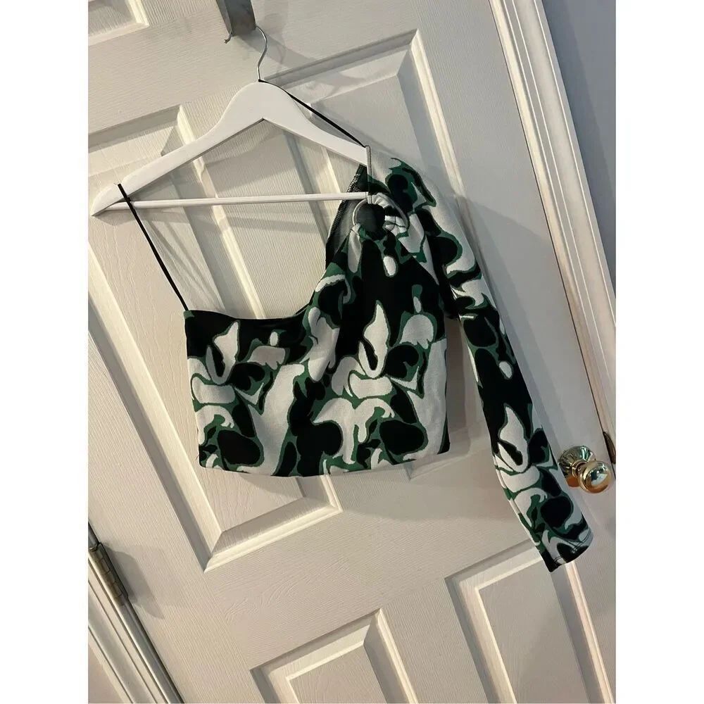 Zara Knit One Shoulder Black Green White Ring Long Sleeve Top sz L NWOT